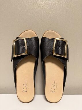 Calou Stockholm Big Gold Buckle Black Leather Slide Sandals Women’s US 7.5 EU 38